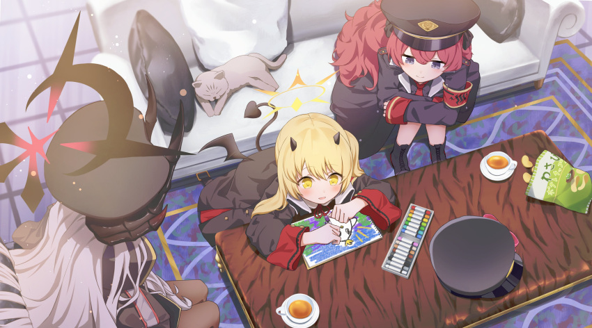 3girls absurdres animal_ears armband black_halo black_headwear black_horns black_jacket blonde_hair blue_archive blush cat chips_(food) commentary_request couch cup demon_tail drawing drawing_(object) food grey_hair halo hat heimu_(heim_kstr) highres horns ibuki_(blue_archive) iroha_(blue_archive) jacket long_hair long_sleeves looking_at_another makoto_(blue_archive) multiple_girls on_couch peroro_(blue_archive) pillow red_armband redhead sitting smile table tail tea teacup yellow_eyes