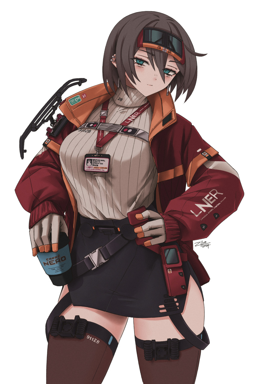 1girl absurdres breasts brown_hair cup dated disposable_cup highres holding holding_cup jacket looking_at_viewer open_clothes open_jacket original personification signature solo sweater thigh-highs train turtleneck turtleneck_sweater white_background zhvo