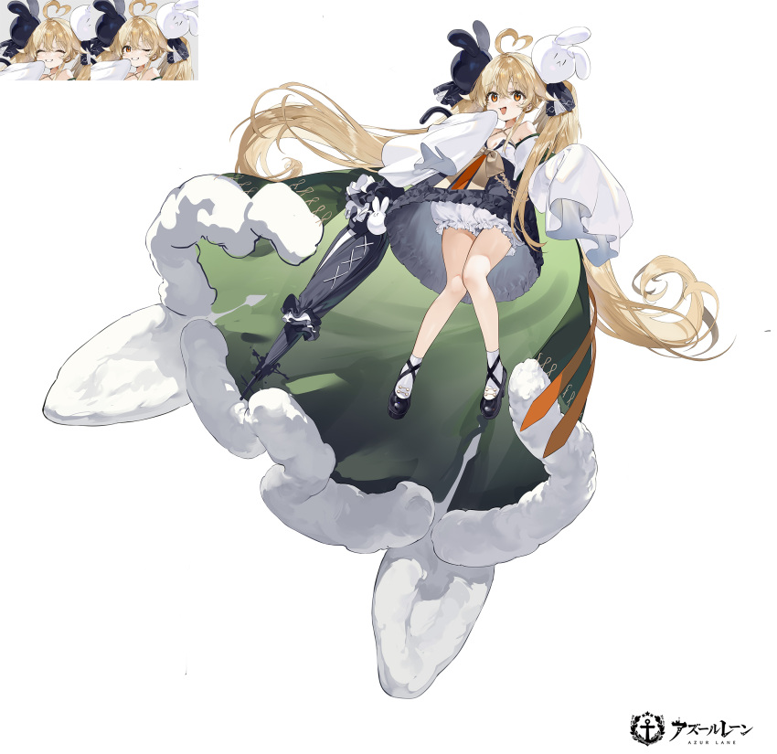 1girl ahoge attilio_regolo_(azur_lane) azur_lane black_dress black_footwear blonde_hair cape dress full_body fur-trimmed_cape fur_trim green_cape highres kurumi_(recycllamo) long_hair shoes simple_background sleeves_past_fingers sleeves_past_wrists solo twintails very_long_hair very_long_sleeves white_background