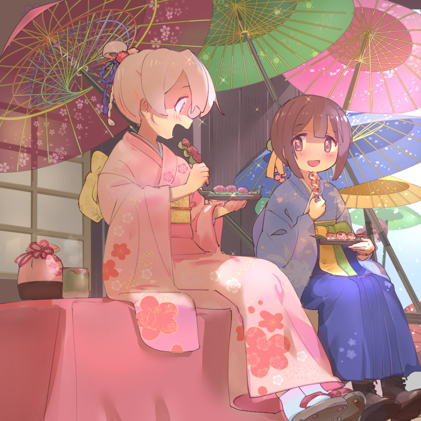 3girls :d ahoge bag blue_kimono blunt_bangs boots brown_eyes brown_footwear brown_hair commentary cup dango floral_print food furisode hair_ornament hair_up hakama hakama_skirt hozuki_momiji japanese_clothes kimono kyarahiba light_blush long_sleeves looking_at_another multiple_girls murosaki_miyo obi oil-paper_umbrella onii-chan_wa_oshimai! open_mouth oyama_mahiro pink_hair pink_kimono print_kimono sandals sash sitting skirt smile sparkle steam tabi tray umbrella wagashi wide_sleeves yunomi zouri