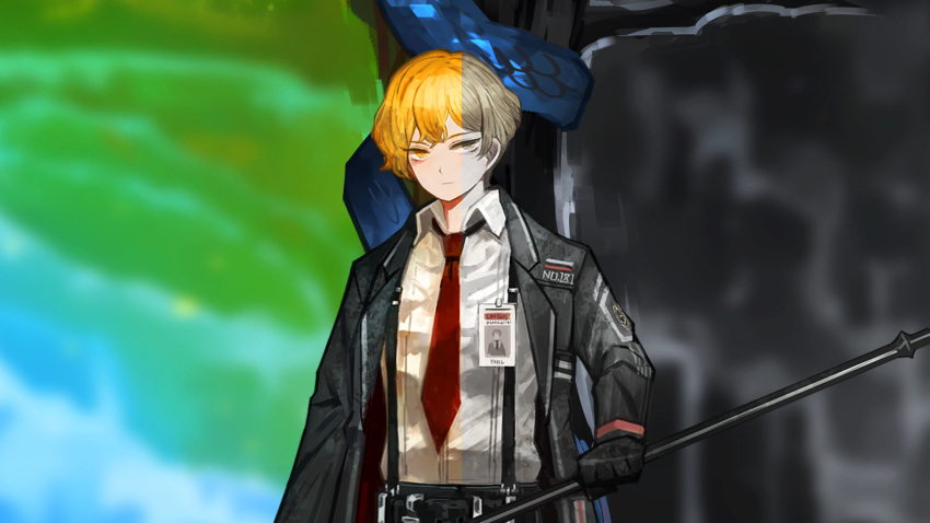 1boy belt black_coat black_gloves blonde_hair coat collared_shirt game_cg gloves halberd highres id_card limbus_company nai_ga necktie official_art open_clothes open_coat polearm project_moon red_necktie shirt short_hair sinclair_(project_moon) snake solo split_screen suspenders weapon white_shirt yellow_eyes