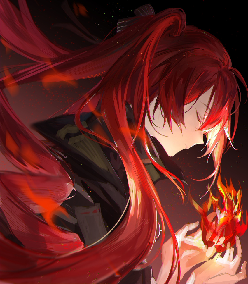 1girl absurdres black_bow black_jacket bow casting_spell chinese_commentary closed_eyes commentary fiery_background fire floating_hair from_side gradient_background hair_bow hands_up highres ignis_(path_to_nowhere) jacket long_hair path_to_nowhere profile redhead reviplus solo striped_bow twintails upper_body