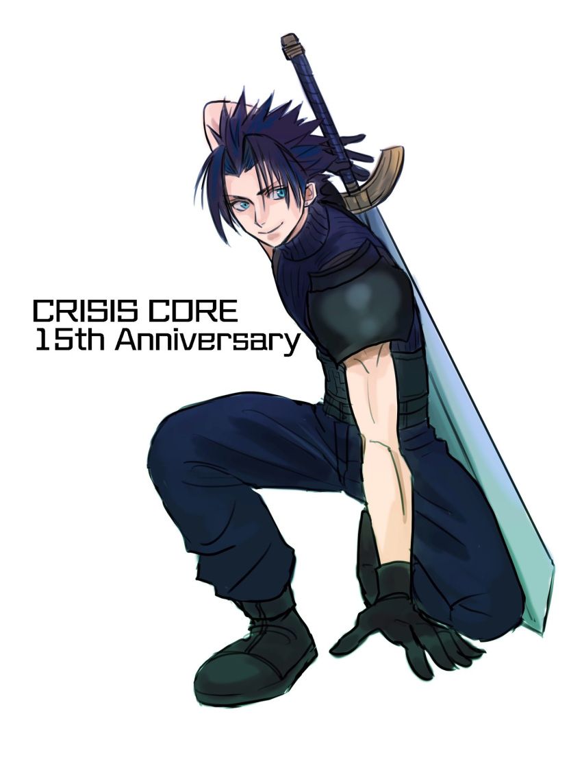 1boy anniversary arm_support arm_up armor baggy_pants black_footwear black_gloves black_hair blue_eyes boots closed_mouth commentary_request crisis_core_final_fantasy_vii earrings final_fantasy final_fantasy_vii full_body gloves highres jewelry looking_at_viewer male_focus niburuchan_zc on_one_knee pants parted_bangs short_hair shoulder_armor simple_background sleeveless sleeveless_turtleneck smile solo spiky_hair stud_earrings sweater sword sword_on_back turtleneck turtleneck_sweater weapon weapon_on_back white_background zack_fair