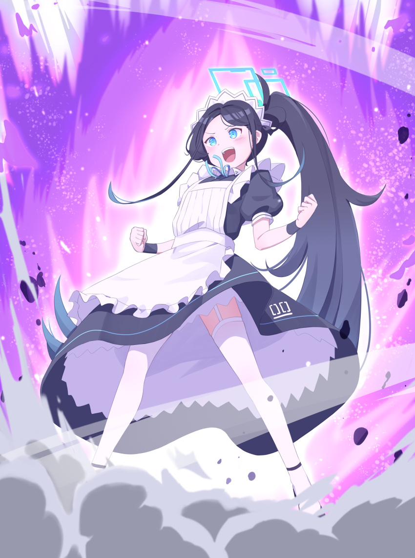 1girl absurdly_long_hair absurdres apron aris_(blue_archive) aris_(maid)_(blue_archive) black_dress black_footwear black_hair blue_archive blue_eyes blue_halo blush clenched_hands dress frilled_apron frills full_body garter_straps halo highres long_hair maid maid_apron maid_headdress official_alternate_costume open_mouth ponytail puffy_short_sleeves puffy_sleeves shoes short_sleeves smile solo t-hou thigh-highs very_long_hair white_apron white_thighhighs