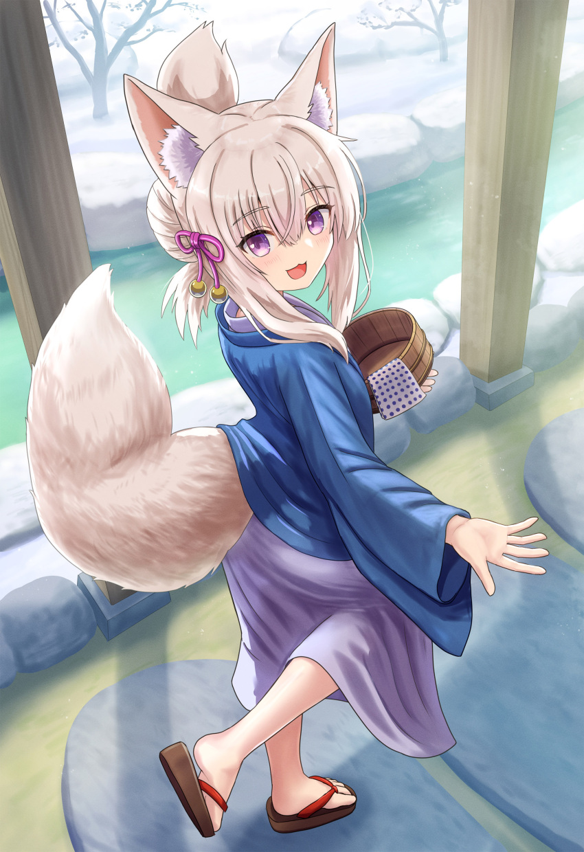 1girl :d absurdres animal_ear_fluff animal_ears bare_tree brown_footwear brown_hair commentary_request day folded_ponytail fox_ears fox_girl fox_tail from_side grey_kimono hair_between_eyes hair_ribbon highres iroha_(iroha_matsurika) japanese_clothes kimono koyoi_(iroha_(iroha_matsurika)) long_sleeves looking_at_viewer looking_to_the_side onsen open_clothes original purple_ribbon ribbon sandals smile snow solo tail tree violet_eyes walking water wide_sleeves yukata zouri