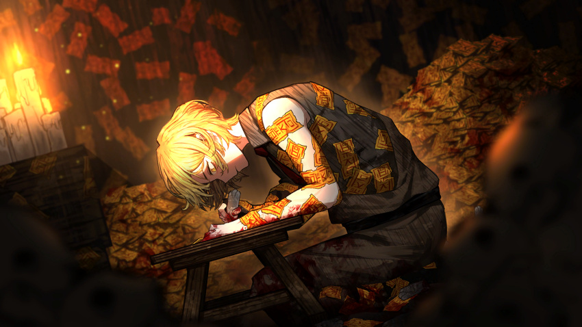 1boy blonde_hair blood blood_on_clothes blood_on_hands candle collared_shirt e.g.o_(project_moon) game_cg highres japanese_clothes kataginu limbus_company nai_ga official_art project_moon shirt short_hair sinclair_(project_moon) solo striped_clothes striped_shirt table talisman writing yellow_eyes