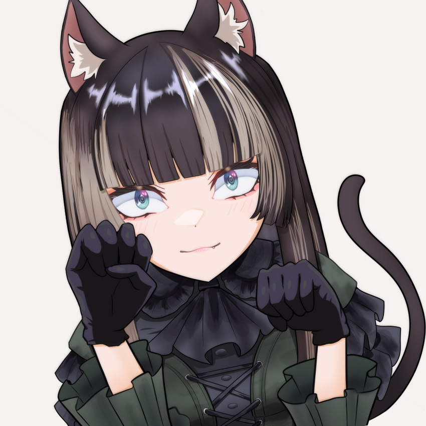 1girl animal_ear_fluff animal_ears black_dress black_gloves black_hair blue_eyes blunt_bangs cat_ears cat_tail dress esuki gloves gothic_lolita grey_hair highres hololive hololive_dev_is juufuutei_raden lolita_fashion long_hair looking_at_viewer multicolored_hair sidelocks smile solo streaked_hair tail virtual_youtuber white_background