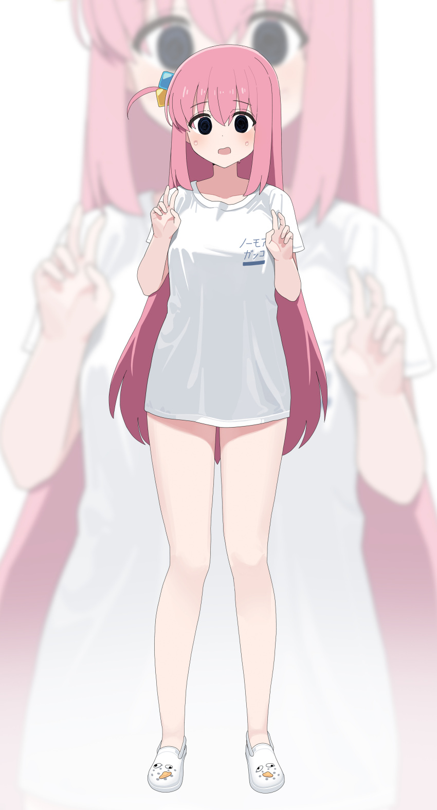 1girl @_@ absurdres blue_eyes blush bocchi_the_rock! breasts clothes_writing crocs cube_hair_ornament eliteneet full_body gotoh_hitori hair_ornament highres large_breasts long_hair one_side_up open_mouth pink_hair shirt short_sleeves simple_background solo white_background white_footwear white_shirt zoom_layer