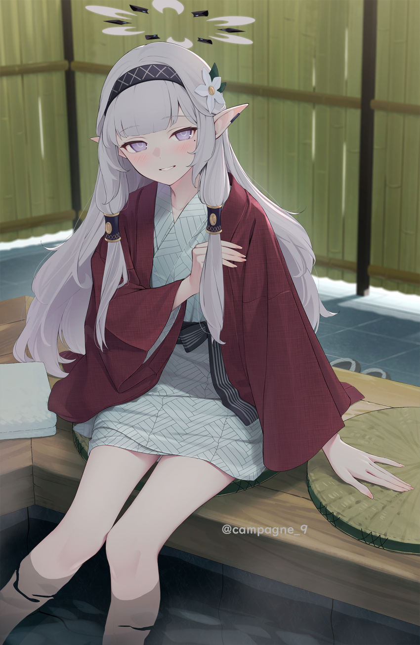 1girl bath_yukata black_hairband blue_archive blush commentary_request feet_out_of_frame fingernails flower grey_hair grey_halo grey_kimono hair_flower hair_ornament hair_tubes hairband halo highres himari_(blue_archive) japanese_clothes kanpa_(campagne_9) kimono long_hair long_sleeves looking_at_viewer mole mole_under_eye onsen open_mouth pointy_ears sidelocks sitting smile soaking_feet solo striped_clothes striped_hairband twitter_username violet_eyes water white_flower wide_sleeves yukata