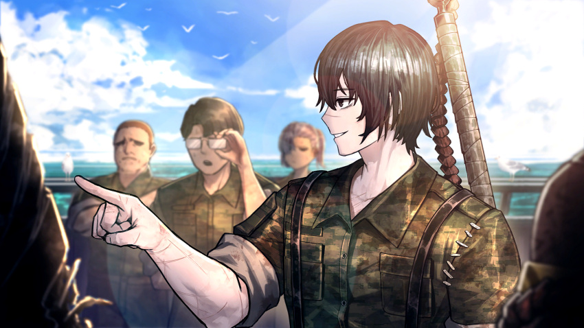 1girl 3boys adjusting_eyewear black_eyes black_hair collared_shirt dress_shirt game_cg glasses green_shirt highres light_smile limbus_company male_focus multiple_boys nai_ga official_art outdoors pointing project_moon scar scar_on_arm scar_on_chest scar_on_face shirt short_hair solo_focus standing teeth wing_collar yi_sang_(project_moon)