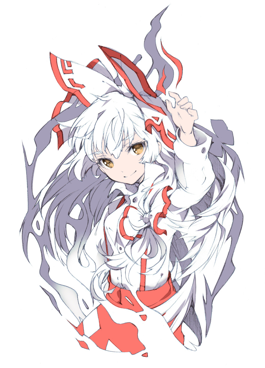 1girl absurdres arm_up bow breasts buttons closed_mouth collared_shirt fingernails fujiwara_no_mokou hair_between_eyes hair_bow highres ichizen_(o_tori) long_hair long_sleeves looking_at_viewer medium_breasts ofuda ofuda_on_clothes pants puffy_long_sleeves puffy_sleeves red_bow red_pants shirt simple_background smile solo standing suspenders touhou white_background white_bow white_hair white_shirt yellow_eyes