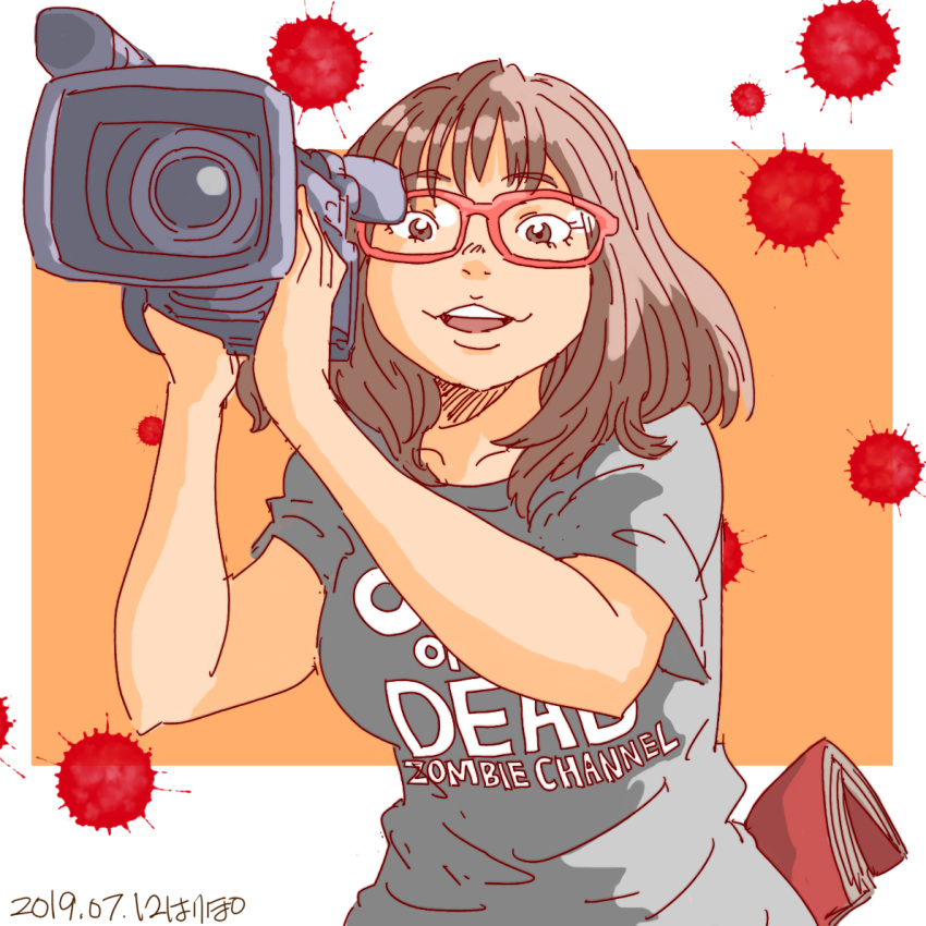 1girl blood blood_splatter brown_eyes brown_hair camera dated glasses grey_shirt harry_(kamome1398) holding holding_camera medium_hair one_cut_of_the_dead recording red-framed_eyewear shirt short_sleeves solo t-shirt upper_body