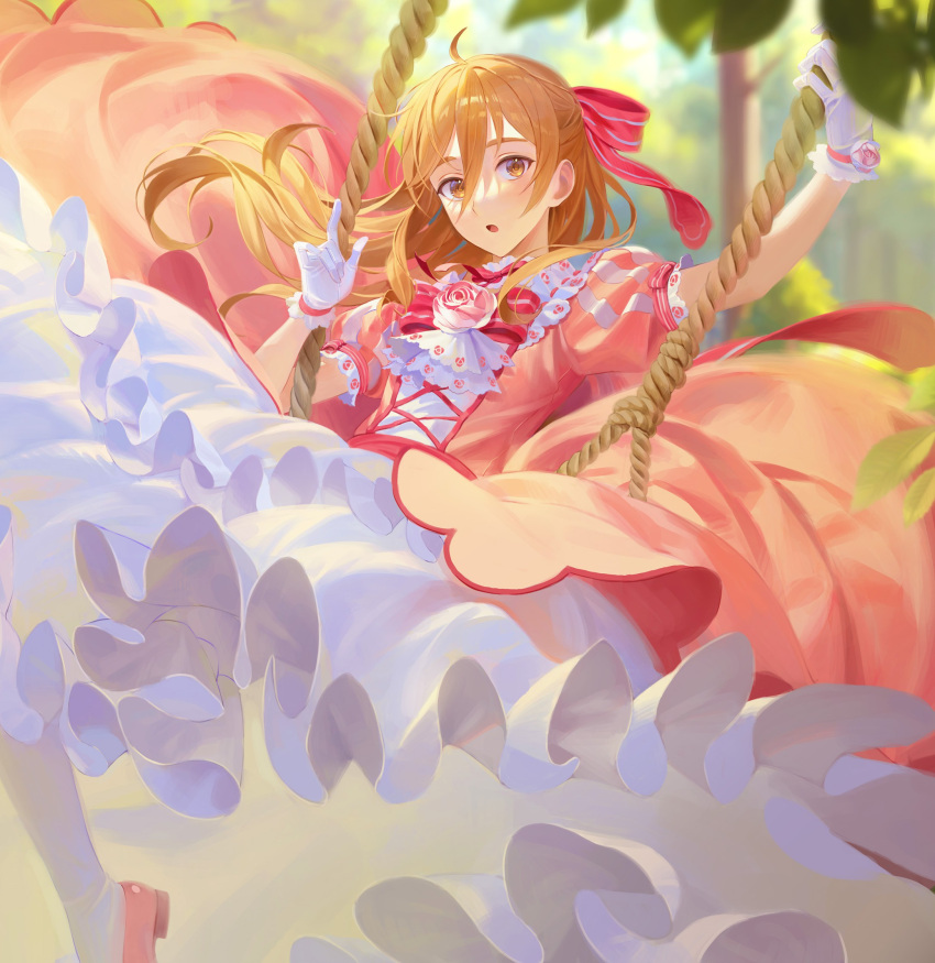 1boy :o aheuretokki arm_up ascot blurry brown_eyes brown_hair commentary cross-laced_clothes cross-laced_dress crossdressing day depth_of_field dress ensemble_stars! feet_out_of_frame floating_hair flower frilled_dress frills garden gloves half_updo hand_up highres holding long_hair looking_at_viewer mashiro_tomoya otoko_no_ko pink_dress pink_flower pink_footwear pink_ribbon pink_rose puffy_short_sleeves puffy_sleeves ribbon rope rose short_sleeves sitting solo swing white_ascot white_dress white_gloves wrist_flower