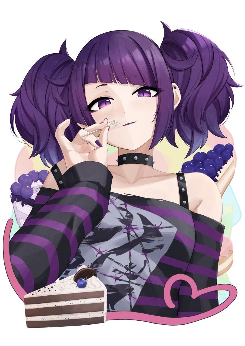 absurdres anhun blueberry blunt_bangs breasts cake cake_slice choker collarbone earrings food food-themed_background fork fruit highres holding holding_fork idolmaster idolmaster_shiny_colors jewelry light_smile long_sleeves looking_at_viewer medium_hair nail_polish off-shoulder_shirt off_shoulder purple_hair purple_lips purple_nails shirt short_twintails striped_clothes striped_shirt stud_earrings studded_choker tanaka_mamimi twintails upper_body violet_eyes