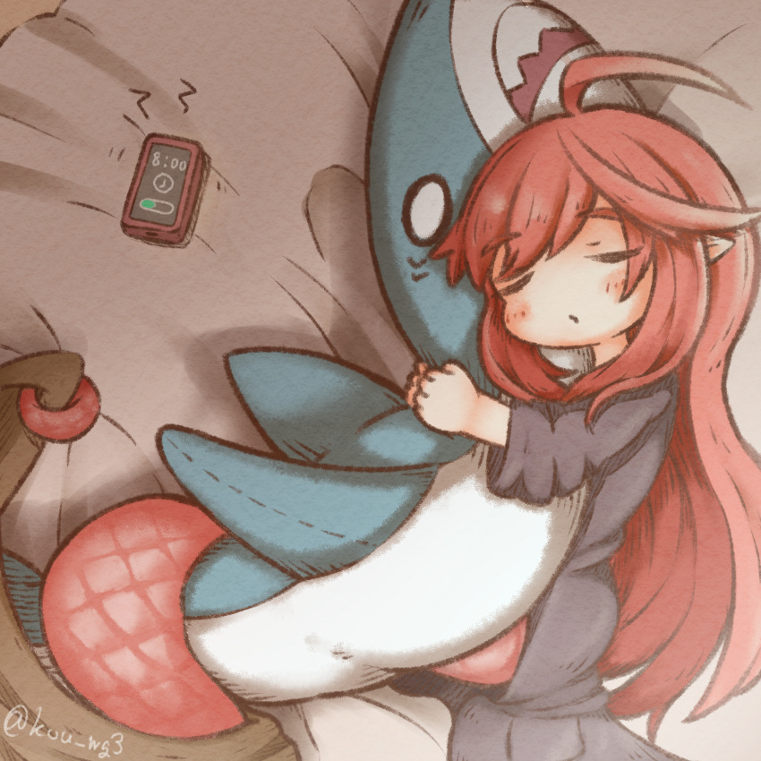 1girl absurdres ahegao black_dress blanket blush cellphone clock closed_mouth dress frown highres holding holding_stuffed_toy lamia long_hair monster_girl o_o on_bed original phone pointy_ears rami_(weegie) red_scales redhead sleeping snake_tail solo stuffed_animal stuffed_shark stuffed_toy tail translation_request very_long_hair weegie