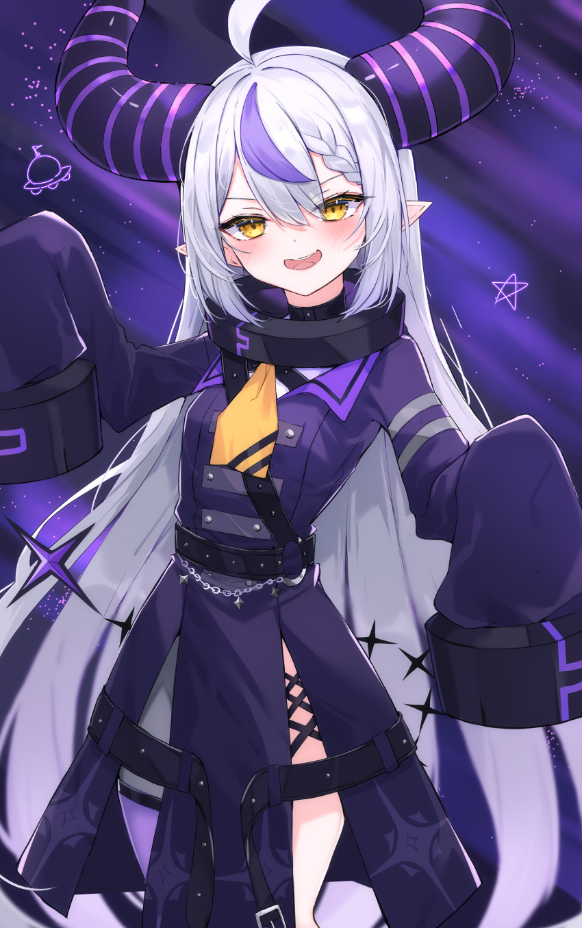 1girl absurdres ahoge ascot belt black_horns braid braided_bangs chain coat collar commentary_request fang grey_hair haidollo highres hololive horns la+_darknesss la+_darknesss_(1st_costume) long_hair looking_at_viewer metal_collar multicolored_hair o-ring pointy_ears purple_coat purple_hair skin_fang sleeves_past_fingers sleeves_past_wrists smile solo star_(symbol) streaked_hair striped_horns ufo virtual_youtuber yellow_ascot yellow_eyes