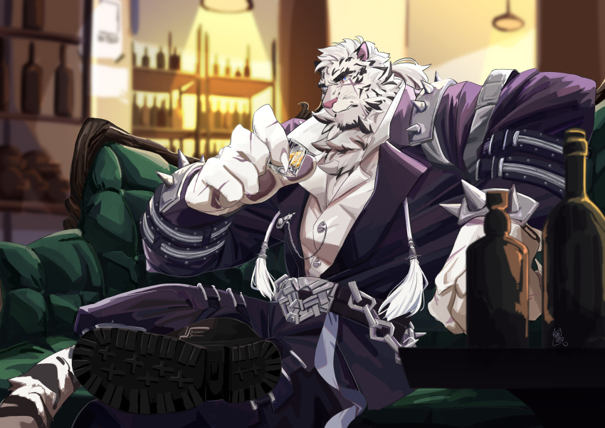 1boy absurdres alcohol angry animal_ears arknights blaccato black_footwear black_pants black_suit blue_eyes claws cup drink english_commentary furry furry_male highres holding holding_cup holding_drink male_focus mountain_(arknights) mountain_(dark_cloud)_(arknights) multiple_scars pants pawpads ponytail scar scar_across_eye scar_on_cheek scar_on_face scar_on_hand shirt suit tail tiger_boy tiger_ears tiger_stripes tiger_tail white_shirt