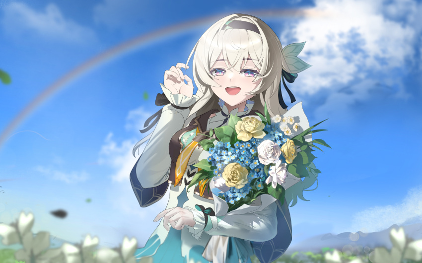 1girl absurdres black_capelet black_hairband blue_sky blurry bouquet capelet clouds eamut1 firefly_(honkai:_star_rail) hairband hand_up highres holding holding_bouquet honkai:_star_rail honkai_(series) long_sleeves multicolored_eyes open_mouth rainbow sky smile solo teeth upper_body upper_teeth_only