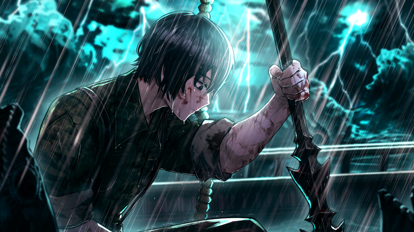 1boy black_eyes black_hair blood blood_on_arm blood_on_hands closed_mouth collared_shirt dress_shirt game_cg green_shirt harpoon highres holding holding_weapon lightning limbus_company male_focus nai_ga nosebleed official_art project_moon rain rope scar scar_on_arm scar_on_face shirt short_hair solo storm waves weapon wing_collar yi_sang_(project_moon)