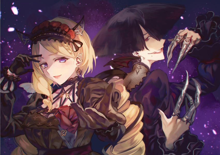 2girls a.k.i._(street_fighter) aki_rosenthal black_dress black_gloves black_hair blonde_hair breasts claw_(weapon) claw_ring closed_mouth dress earrings evil_smile falling_petals gloves hair_over_one_eye highres hololive impossible_hair jewelry large_breasts medium_hair mole mole_under_mouth multiple_girls otsudou petals red_lips short_hair smile street_fighter street_fighter_6 tassel tassel_earrings teeth violet_eyes virtual_youtuber weapon