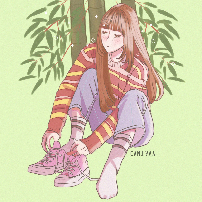 1girl adjusting_clothes adjusting_shoe artist_name bamboo blue_pants blunt_bangs brown_hair canjiya english_commentary gfriend green_background highres long_hair looking_down pants pink_footwear red_sweater simple_background sitting solo striped_clothes striped_sweater sweater yuju_(gfriend)