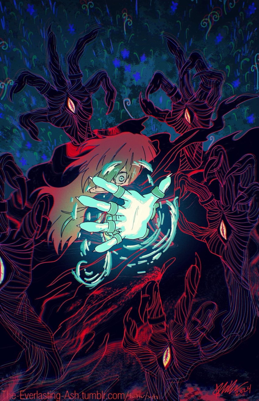 aura black_sclera blonde_hair chromatic_aberration colored_sclera constricted_pupils dark_aura everlasting_ash fingernails gloom_spawn glowing glowing_hand hand_eye highres jewelry link monster multiple_rings open_hand outstretched_arm pointy_ears ring sharp_fingernails slit_pupils the_legend_of_zelda the_legend_of_zelda:_tears_of_the_kingdom yellow_eyes