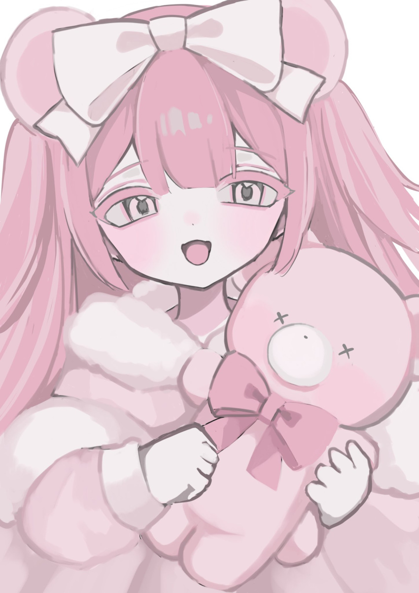 1girl animal_ears bear_ears bear_girl bow fur_trim hair_bow highres holding holding_stuffed_toy long_hair long_sleeves looking_at_viewer monochrome open_mouth original pink_theme shiona_(siona0625) solo stuffed_animal stuffed_toy teddy_bear upper_body