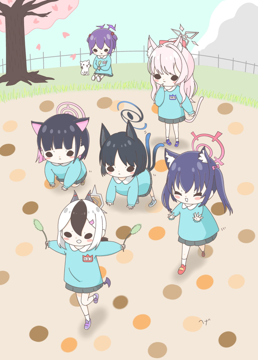6+girls ^_^ aged_down akira_(blue_archive) animal_ears black_hair blue_archive blush cat_ears character_request closed_eyes commentary_request halo haruka_(blue_archive) hegetarou highres kayoko_(blue_archive) kazusa_(blue_archive) kikyou_(blue_archive) kindergarten_uniform long_sleeves multiple_girls multiple_tails outdoors pink_hair purple_hair school_uniform serika_(blue_archive) short_hair tail two_tails white_hair