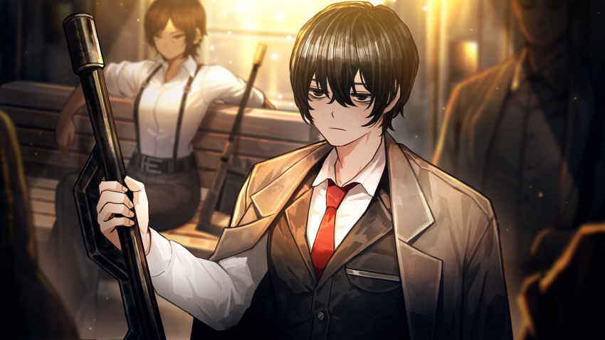 1girl 2boys black_eyes black_hair black_jacket black_pants black_vest closed_mouth collared_shirt game_cg hair_between_eyes highres holding holding_weapon jacket lapels limbus_company long_sleeves male_focus multiple_boys nai_ga necktie notched_lapels official_art open_clothes open_jacket outis_(project_moon) pants project_moon red_necktie shirt sitting solo_focus standing suspenders vest weapon white_shirt wing_collar yi_sang_(project_moon)