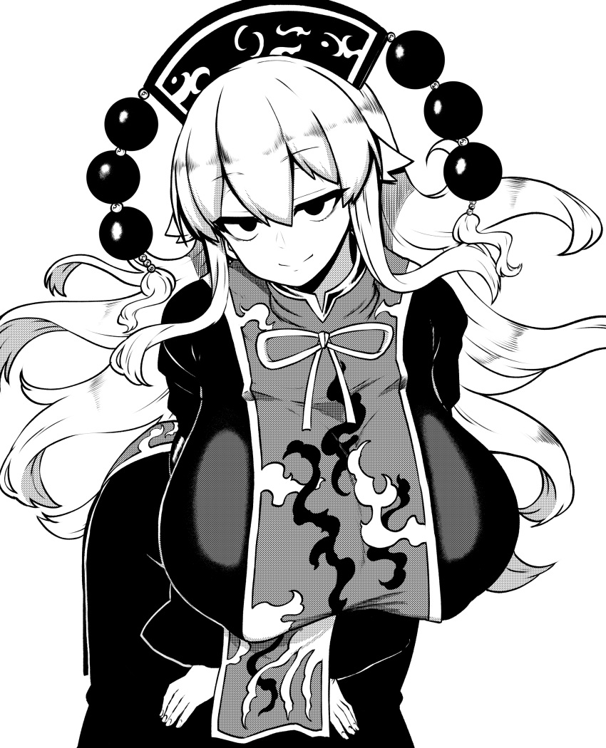 1girl absurdres breasts chinese_clothes greyscale hands_on_own_knees highres himajin_noizu huge_breasts junko_(touhou) leaning_forward long_hair monochrome phoenix_crown simple_background tabard touhou white_background