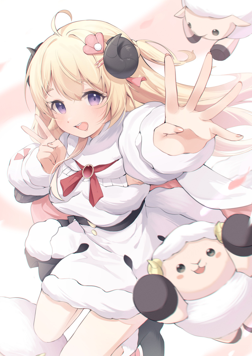 1girl absurdres ahoge black_horns blonde_hair breasts commentary_request dress eat_some_cookie hair_ornament highres hololive horns large_breasts long_hair long_sleeves looking_at_viewer open_mouth reaching reaching_towards_viewer sheep sheep_horns solo tsunomaki_watame v violet_eyes virtual_youtuber white_dress