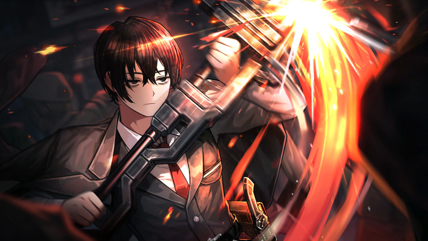 1boy 2others bags_under_eyes black_eyes black_hair black_jacket black_vest closed_mouth collared_shirt game_cg hair_between_eyes highres holding holding_weapon jacket lapels limbus_company long_sleeves male_focus multiple_others nai_ga necktie notched_lapels official_art open_clothes open_jacket project_moon red_necktie shirt short_hair sidelocks solo_focus vest weapon white_shirt wing_collar yi_sang_(project_moon)