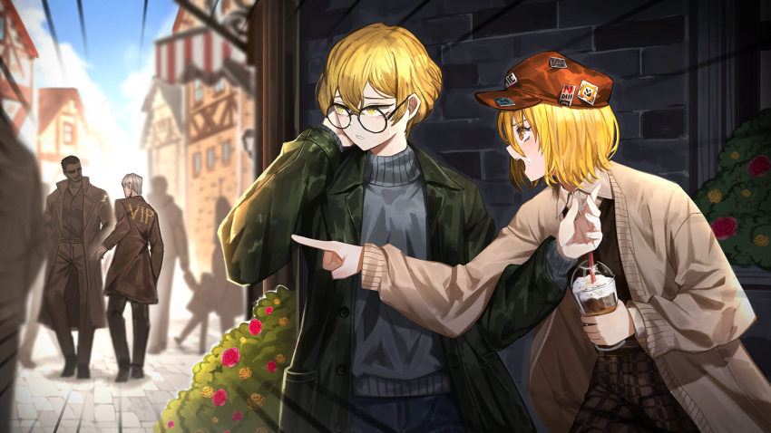 1boy 1girl 6+others baseball_cap black_vest blonde_hair blue_pants brown_pants coat collared_shirt don_quixote_(project_moon) game_cg green_coat hat highres limbus_company multiple_others nai_ga official_art pants project_moon round_eyewear shirt short_hair sinclair_(project_moon) sweater town turtleneck turtleneck_sweater vest white_shirt yellow_eyes