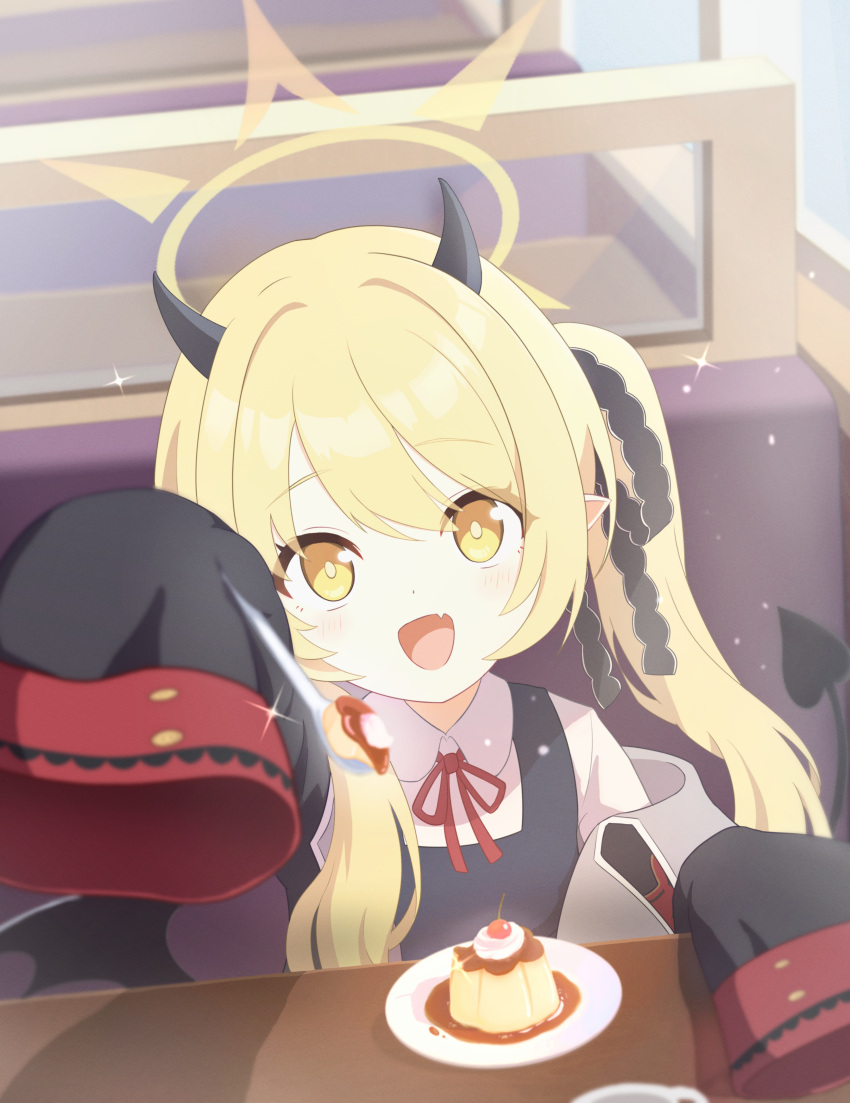 1girl absurdres black_coat black_horns black_wings blonde_hair blue_archive blush coat collared_shirt demon_horns demon_wings fang food halo highres horns ibuki_(blue_archive) kuroi_taimu long_hair neck_ribbon open_clothes open_coat open_mouth pointy_ears pudding red_ribbon ribbon shirt side_ponytail skin_fang sleeves_past_fingers sleeves_past_wrists smile solo white_shirt wings yellow_eyes yellow_halo