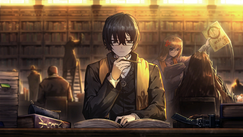 1boy 2girls 5others anger_vein bags_under_eyes black-framed_eyewear black_eyes black_hair black_robe book brown_hair closed_mouth game_cg glasses highres holding holding_book holding_paper holding_pen indoors jewelry library limbus_company long_hair long_sleeves male_focus multiple_girls multiple_others nai_ga official_art paper pen pendant project_moon reading robe rodion_(project_moon) short_hair sitting solo_focus yi_sang_(project_moon)