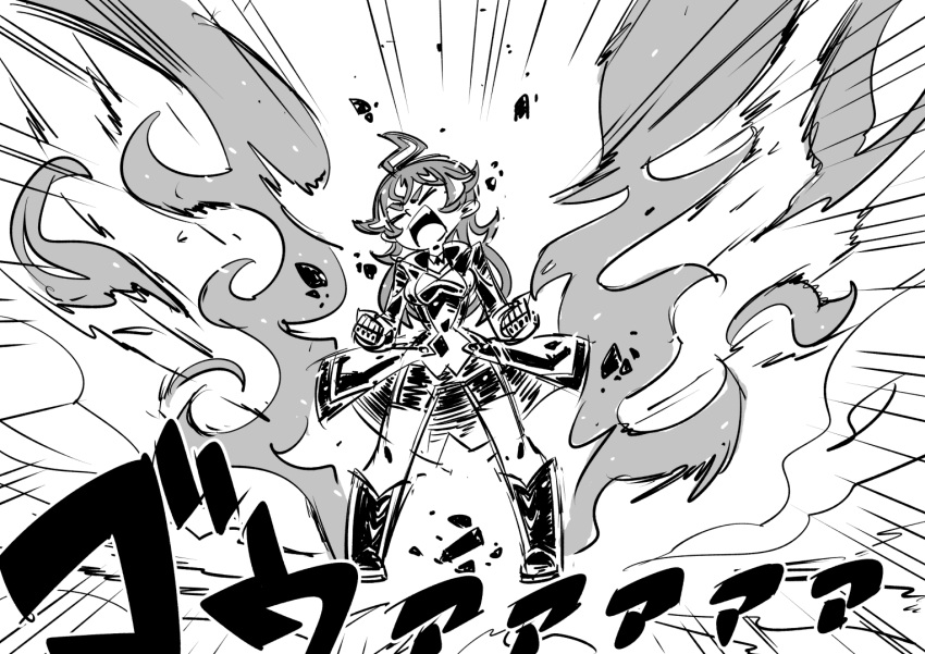 1girl ahoge boots choker clenched_hand closed_eyes emphasis_lines fiery_hair fingerless_gloves fire full_body gloves greyscale hinoko_(sunafuki_tabito) jacket monochrome original pyrokinesis shorts shouting solo sound_effects sunafuki_tabito teeth thick_eyebrows upper_teeth_only