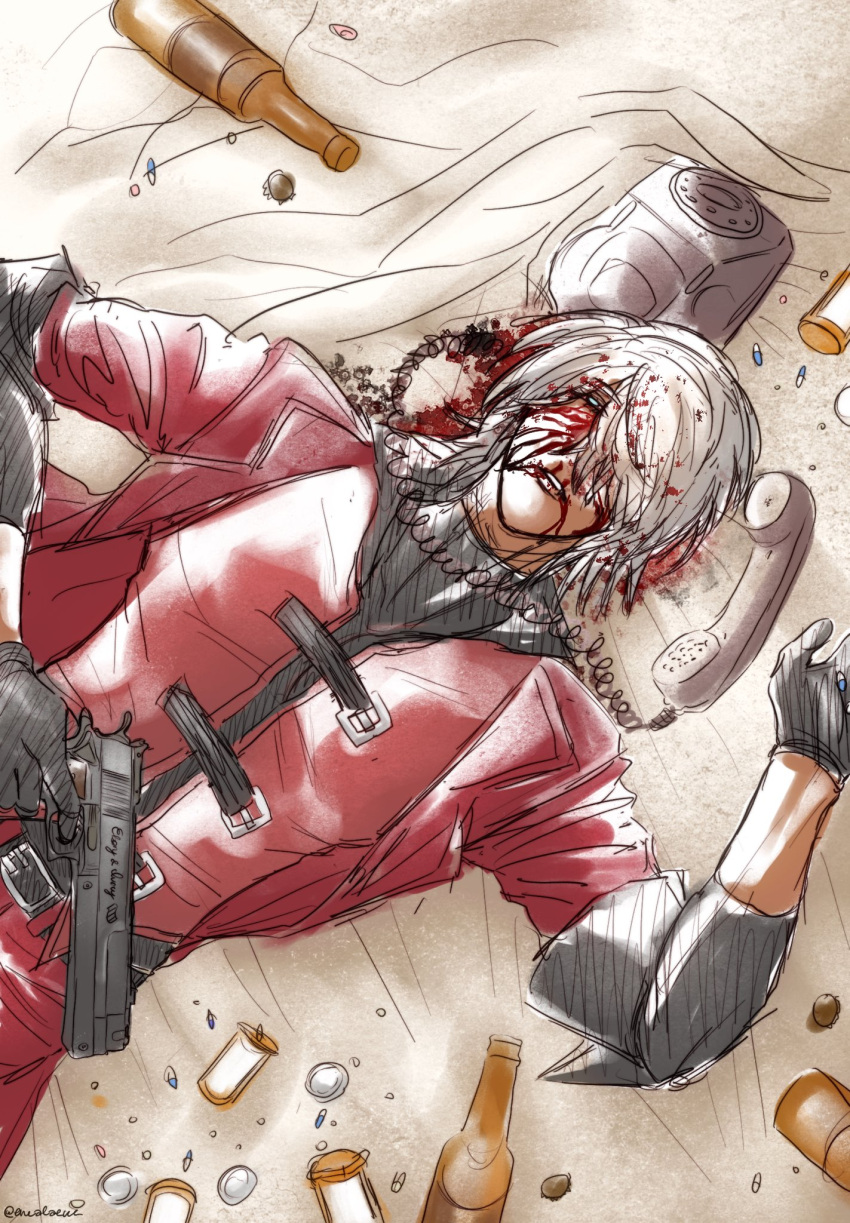 1boy belt blood blood_from_eyes blood_from_mouth blood_on_face blue_eyes coat dante_(devil_may_cry) devil_may_cry_(series) devil_may_cry_1 gloves gun hair_over_one_eye highres holding holding_weapon jacket long_hair male_focus red_coat solo thealatvs weapon white_hair