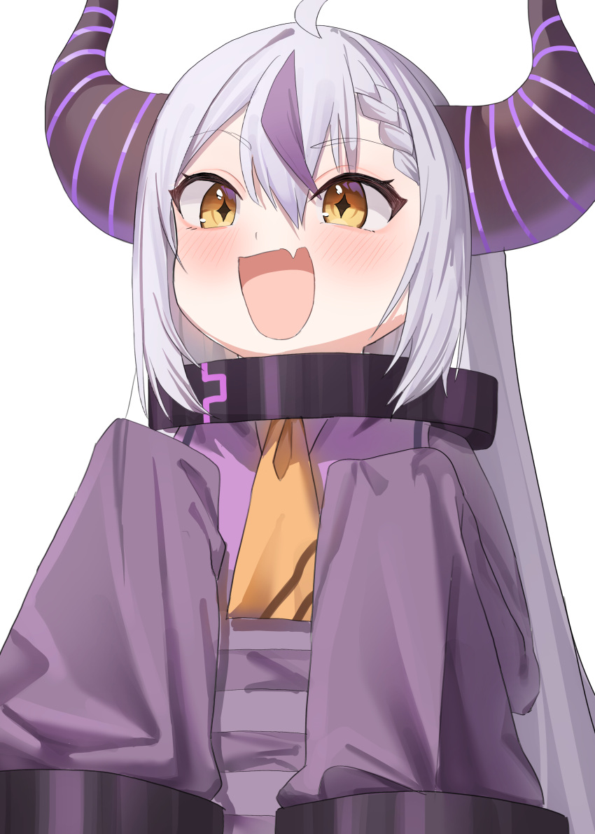 1girl absurdres black_horns blush braid commentary_request facing_viewer fang grey_background grey_hair hair_between_eyes hanamaru_tsubaki happy highres hololive horns la+_darknesss long_hair multicolored_hair necktie open_mouth orange_necktie purple_hair purple_shirt shirt simple_background skin_fang sleeves_past_fingers sleeves_past_wrists smile solo streaked_hair symbol-shaped_pupils upper_body virtual_youtuber yellow_eyes