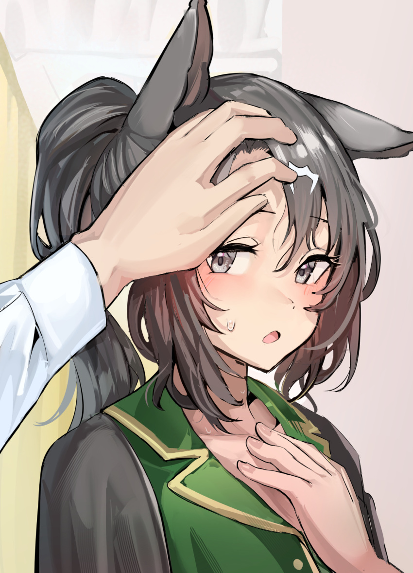 1girl 1other alternate_costume animal_ears blurry blurry_background blush collared_shirt commentary_request disembodied_limb green_eyes hair_between_eyes hand_on_another's_head hand_on_own_chest highres horse_ears horse_girl indoors long_hair looking_at_viewer multicolored_hair open_mouth pajamas satono_crown_(umamusume) shirt solo_focus solokitsune streaked_hair umamusume upper_body white_hair