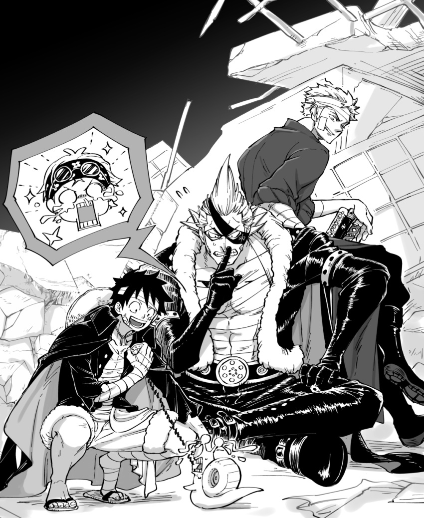 4boys bandages belt cape chabo_(niwatori_bosori) commentary_request crossed_legs crying eye_mask greyscale hat headband highres jacket koby_(one_piece) looking_down male_focus monkey_d._luffy monochrome multiple_boys one_piece open_clothes open_jacket open_shirt profile roronoa_zoro sandals sash scar scar_on_face short_hair shorts smile snail squatting straw_hat sword weapon x_drake