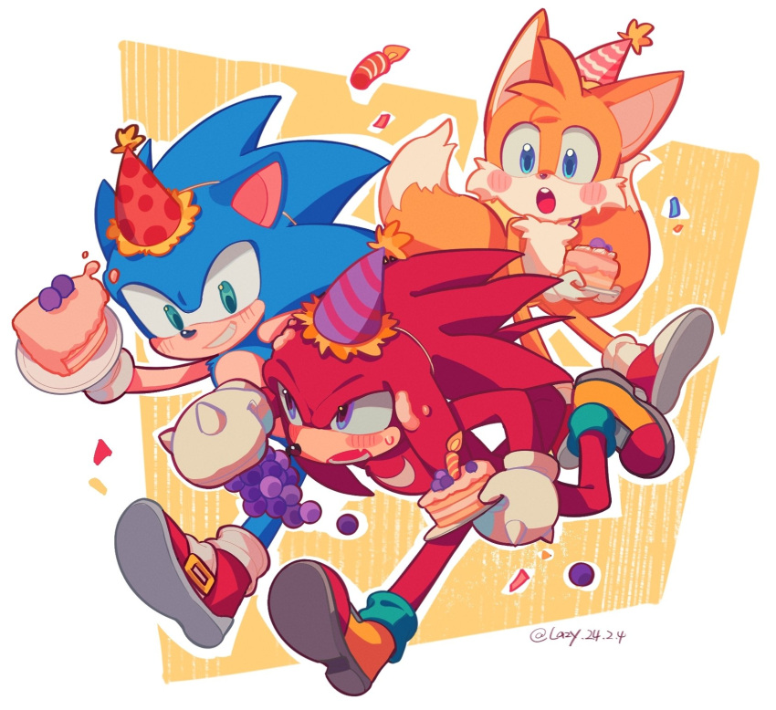 3boys animal_ears animal_nose aqua_eyes arm_up arms_up artist_name blue_eyes blue_fur blush boots border cake cake_slice candle confetti fang food fox_boy fox_ears fox_tail fruit furry furry_male gloves gold_trim grapes hands_up hat hedgehog hedgehog_ears highres holding holding_food holding_fruit holding_plate knuckles_the_echidna lazy_kun leg_up looking_at_another male_focus multiple_boys multiple_tails open_mouth orange_background orange_footwear orange_fur outside_border pink_headwear plate purple_headwear red_footwear red_fur red_headwear running shadow shoes simple_background smile sneakers socks sonic_(series) sonic_the_hedgehog striped_clothes striped_headwear tail tails_(sonic) teeth tongue two-tone_footwear two_tails violet_eyes white_border white_gloves white_socks
