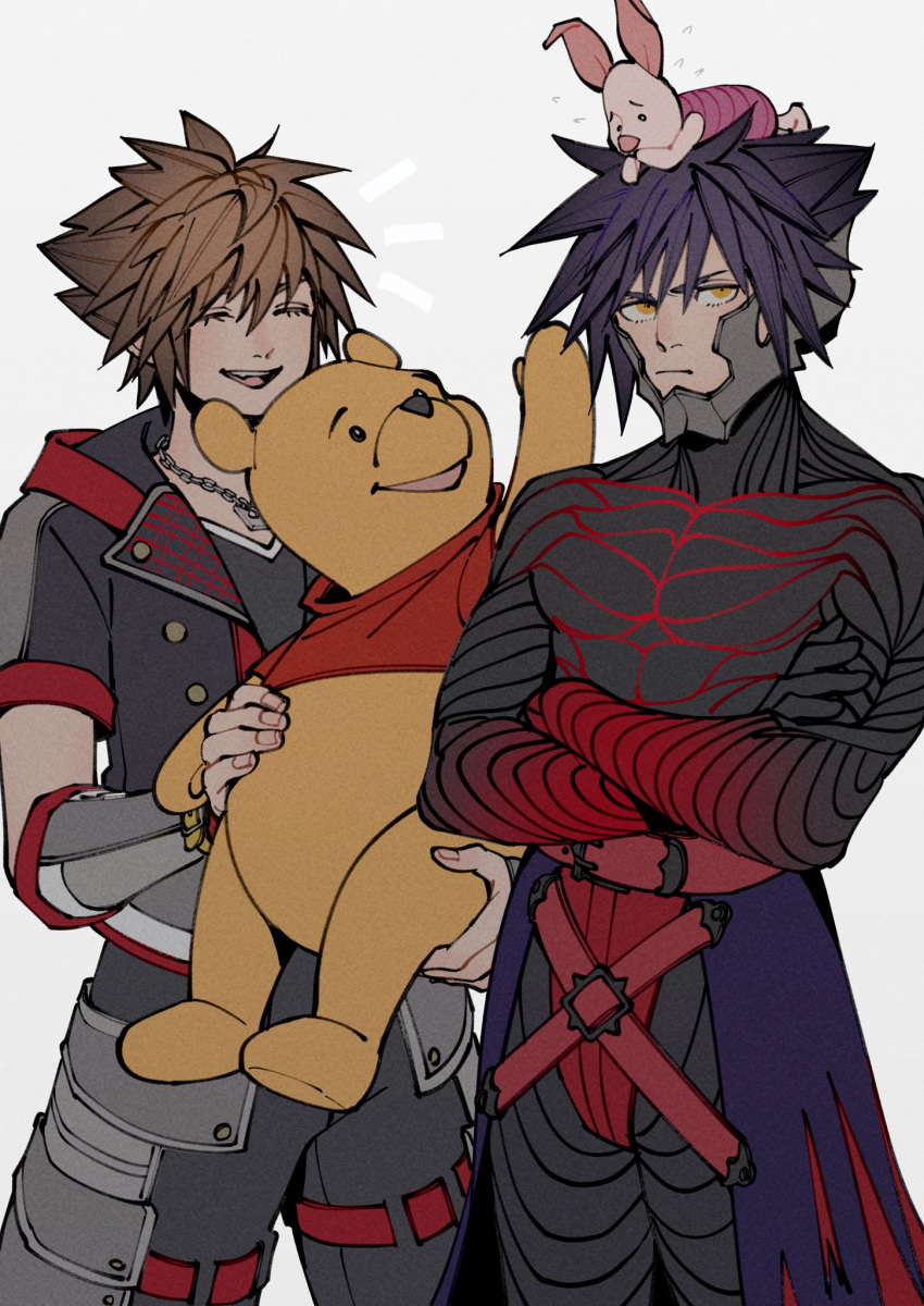 2boys animal animal_on_head arm_up bear belt black_bodysuit black_eyes black_hair black_jacket black_pants black_shirt bodysuit bright_pupils brown_hair cape cargo_pants chain_necklace closed_eyes commentary fingerless_gloves gloves grey_background happy highres holding holding_animal jacket jewelry kingdom_hearts kingdom_hearts_iii male_focus multicolored_clothes multicolored_gloves multiple_boys necklace oimo_(oimkimn) on_head open_clothes open_jacket open_mouth pants pig piglet_(winnie_the_pooh) pooh purple_cape red_belt red_shirt rolling_eyes shirt short_hair short_sleeves simple_background smile sora_(kingdom_hearts) spiky_hair teeth unamused upper_body upper_teeth_only v-neck vanitas_(kingdom_hearts) waist_cape winnie_the_pooh yellow_eyes