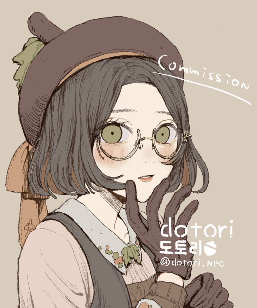 1girl beret black_hair blush bob_cut brown_gloves brown_hair brown_headwear collared_shirt colored_inner_hair commentary_request commission commissioner_name eyelashes glasses gloves green_eyes hat hat_ornament highres karasane03 korean_text leaf leaf_hat_ornament light_brown_background long_sleeves looking_at_viewer mori_girl multicolored_hair orange_ribbon original parted_lips pink_shirt ribbon round_eyewear semi-rimless_eyewear shirt short_hair simple_background solo two-tone_hair under-rim_eyewear upper_body