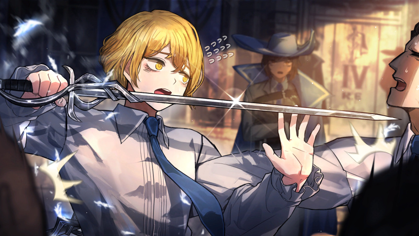 1boy 1girl 1other black_jacket blonde_hair blue_cape blue_headwear blue_necktie cape cavalier_hat collared_shirt game_cg highres jacket limbus_company nai_ga necktie official_art outis_(project_moon) project_moon rapier shirt sinclair_(project_moon) solo_focus sweat sweatdrop sword weapon white_shirt yellow_eyes