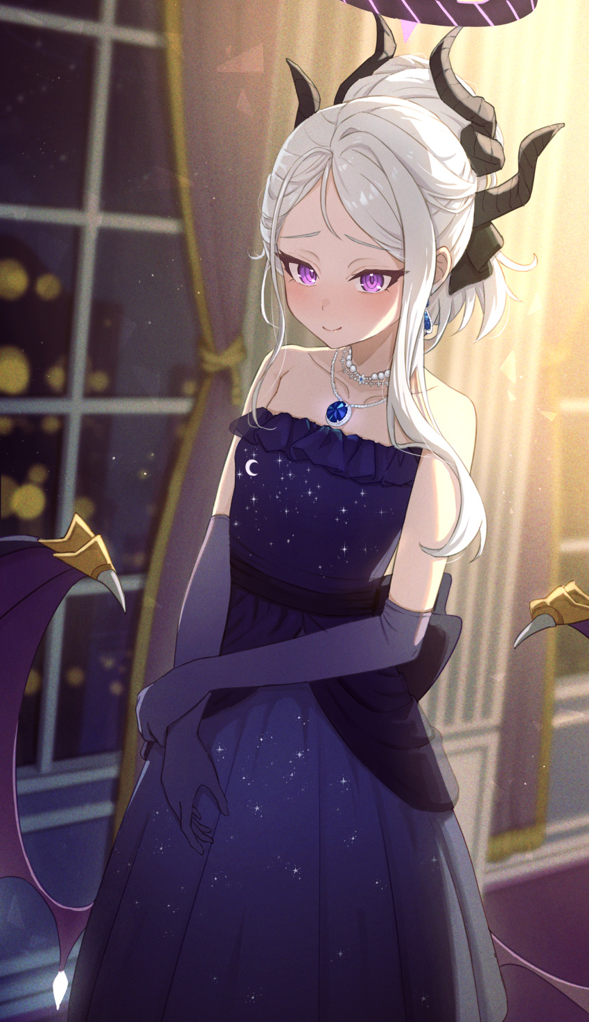 1girl absurdres black_horns blue_archive blush closed_mouth curtains demon_horns demon_wings dress elbow_gloves gloves grey_hair halo highres hina_(blue_archive) hina_(dress)_(blue_archive) horns icetea774 indoors long_hair multiple_horns official_alternate_costume official_alternate_hairstyle purple_dress purple_gloves purple_wings smile solo strapless strapless_dress violet_eyes window wings