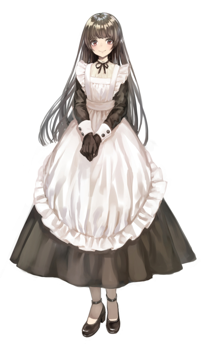 1girl apron asahi_yuuji black_bow black_bowtie black_dress black_footwear black_gloves black_hair black_ribbon bow bowtie closed_mouth commentary dress flat_chest frilled_apron frills full_body gloves highres long_hair long_sleeves looking_at_viewer maid maid_apron original own_hands_together pantyhose red_eyes ribbon shoes simple_background sleeve_cuffs smile standing v_arms very_long_hair white_apron white_background white_pantyhose