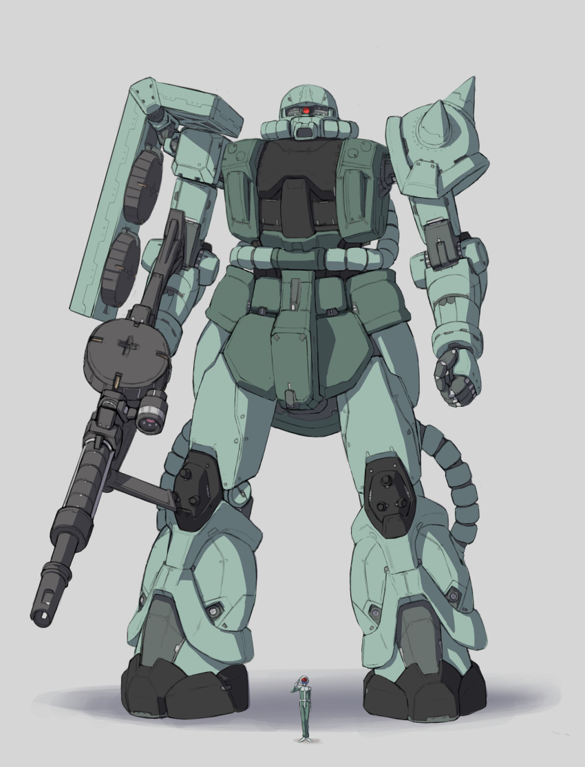 1other absurdres ambiguous_gender arm_up arms_at_sides bodysuit clenched_hand commentary_request drum_magazine full_body gloves green_bodysuit grey_background gun gundam helmet highres holding holding_gun holding_weapon magazine_(weapon) mecha mobile_suit mobile_suit_gundam nori_(arara105) one-eyed pilot_suit red_eyes robot salute science_fiction shadow shoulder_spikes simple_background size_difference space_helmet spacesuit spikes standing uniform weapon white_footwear white_gloves zaku zeon
