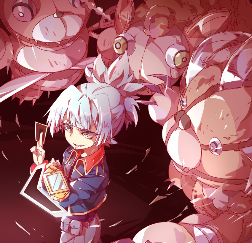1boy between_fingers card card_between_fingers duel_disk duel_monster frightfur_bear highres holding holding_card male_focus mouth_hold nishigyou_teraa pouch shiun'in_sora smile standing white_hair yu-gi-oh! yu-gi-oh!_arc-v