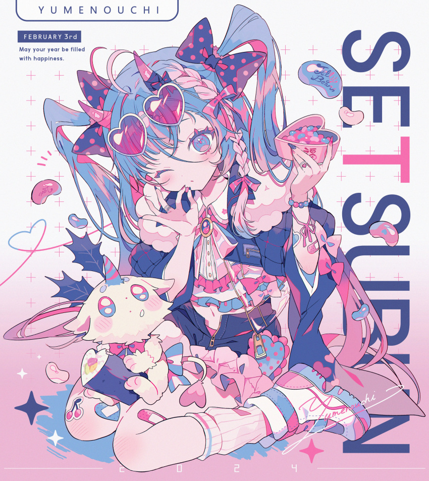 1girl absurdres blue_eyes blue_hair blue_nails bow candy food hair_bow heart heart-shaped_eyewear highres horns jelly_bean multicolored_clothes multicolored_eyes multicolored_hair multicolored_nails multiple_hair_bows original pastel_colors pink_hair pink_nails ribbon solo sushi yumenouchi_chiharu