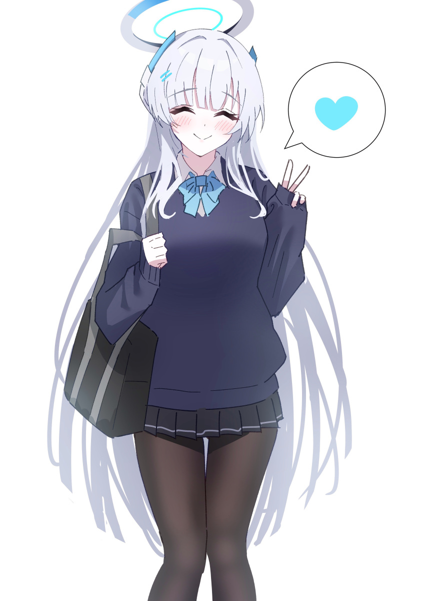 1girl absurdres bag black_pantyhose black_shirt black_skirt blue_archive blush closed_eyes closed_mouth collared_shirt facing_viewer feet_out_of_frame grey_hair halo heart highres long_hair mechanical_halo nano_(blueoekaki) noa_(blue_archive) pantyhose pleated_skirt school_bag shirt simple_background skirt sleeves_past_wrists smile solo spoken_heart v white_background white_shirt